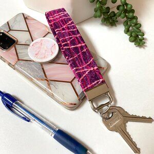 Key Chain Wrist Lanyard Strap Purple Pink Fabric Key Fob Holder Gifts for Womens